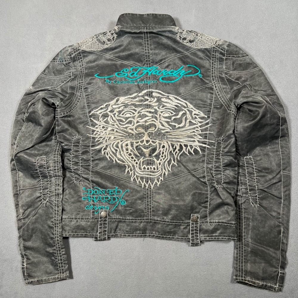 Ed Hardy Moto Jacket by Christian Audigier Womens M Gray Embroidered Tiger Biker